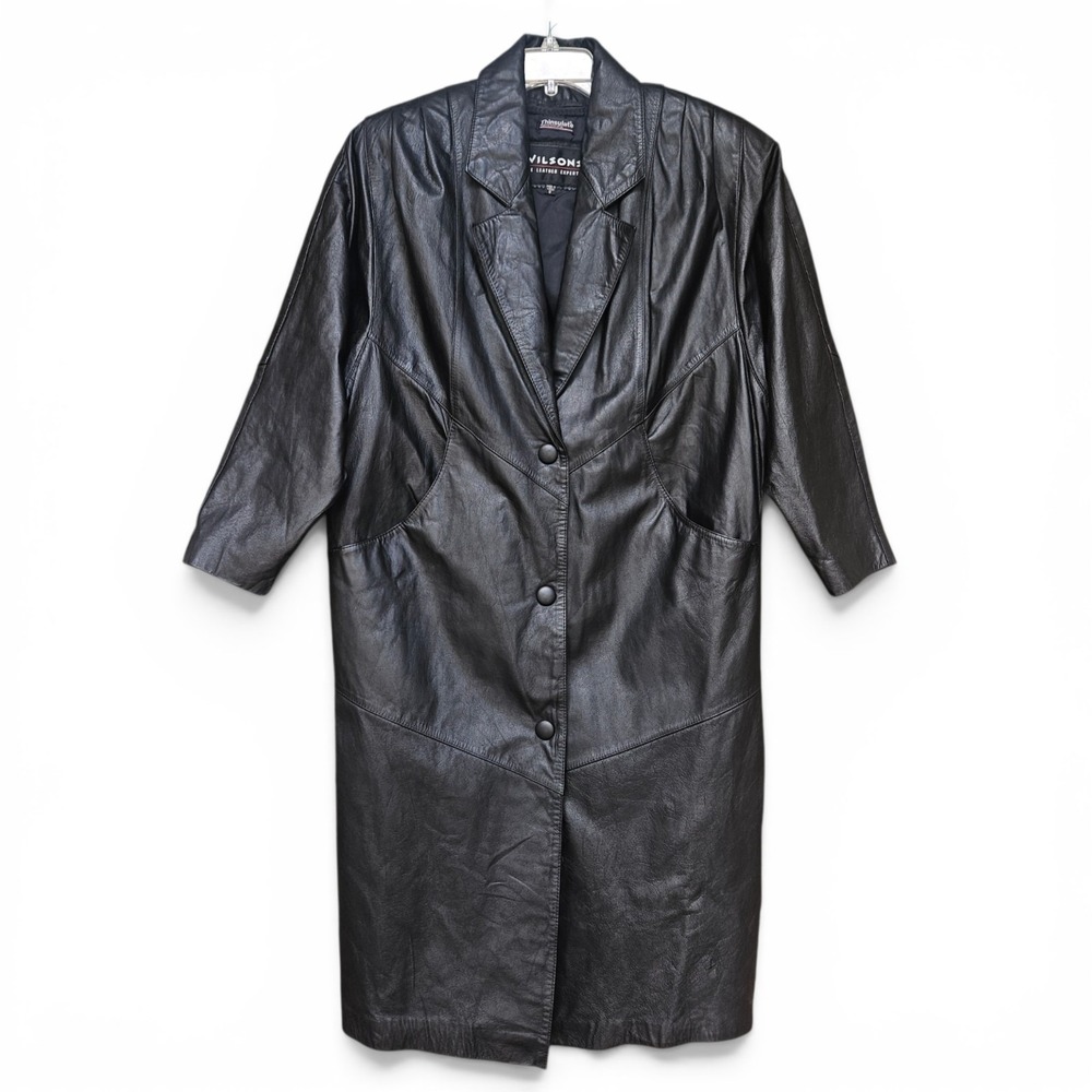 Wilsons Leather Trench Coat Black Duster Small Thinsulate Batwing Dolman Long - Picture 2 of 16